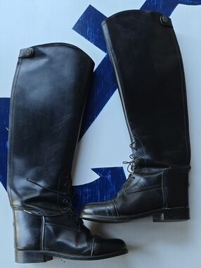 Black Leather Tall Equestrian Lace-up Riding Boot Size US 6.5